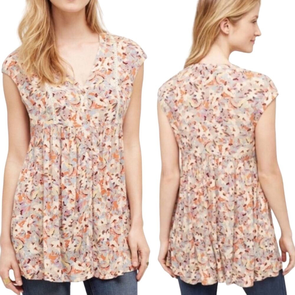 Anthropologie Floral Babydoll Tunic Top Button Down V Neck Sleeveless Womens M